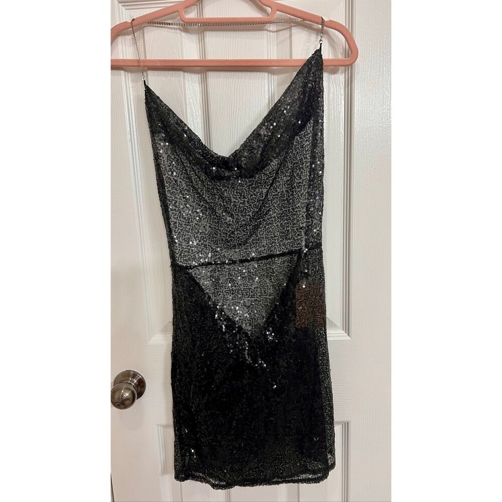 NWT Jireh Women's Sequin Halter Cowl Neck Backless Mini Dress Black Size Medium